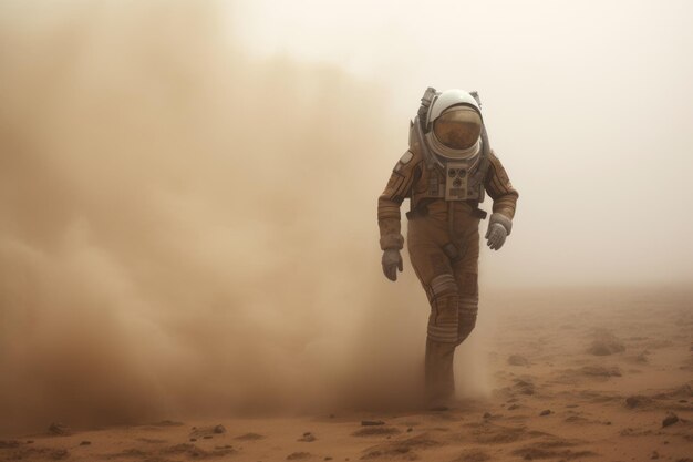 Foto astronauta caminando a través de una tormenta de polvo