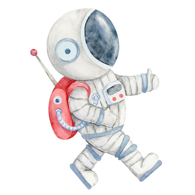 Astronauta caminante con traje espacial gris y blanco con visera azul y mochila roja en acuarela Spaceman clipart genial para libros infantiles