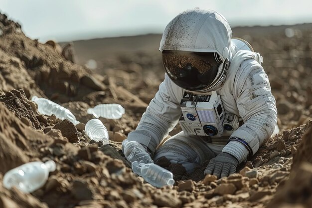 Foto astronauta caminhando na superfície de marte encontra uma enorme quantidade de detritos de plástico dentro de uma cratera