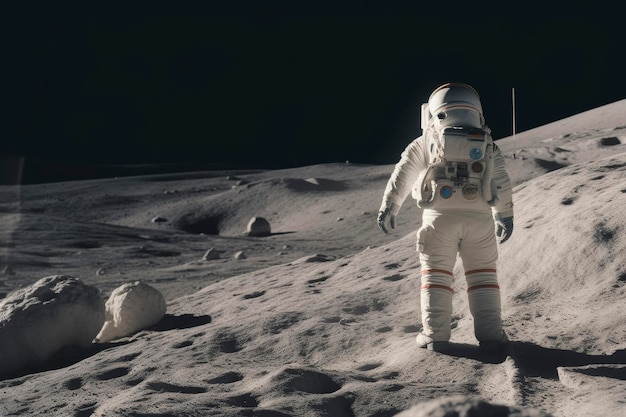 Astronauta caminhando na superfície lunar Exploração espacial e conceito de aventura para design e educação