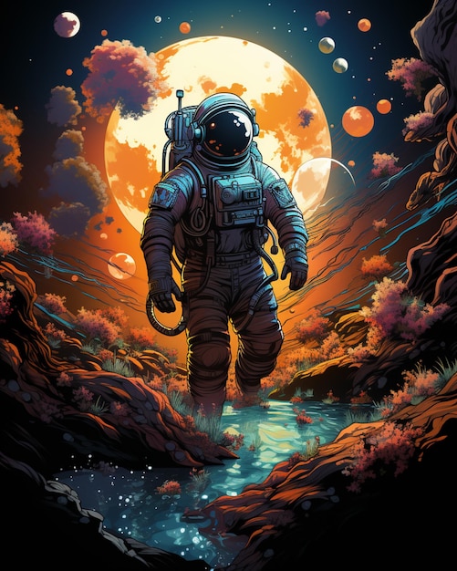 Astronauta caminhando no deserto com uma lua cheia ao fundo