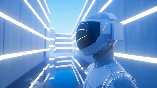 Foto astronauta caminhando por um corredor futurista o astronauta está vestindo um terno espacial branco e um capacete com uma visora