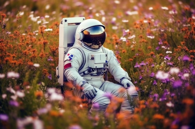 Foto astronauta en el campo con una flor colorida