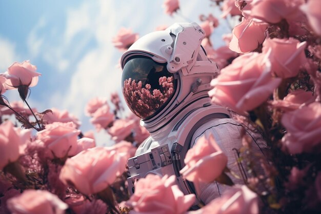 un astronauta en un campo de flores rodeado de flores rosadas