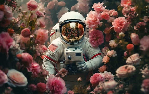 Un astronauta en un campo de flores.