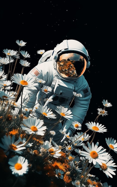 Astronauta en un campo de flores.