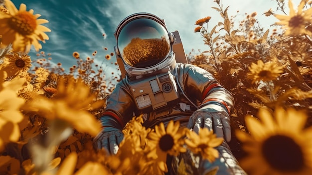 Un astronauta en un campo de girasoles.