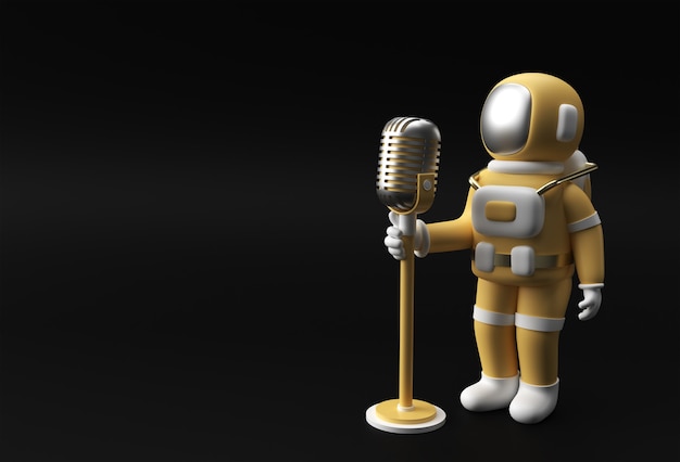 Astronauta cantando em um microfone vintage 3D Render Design.