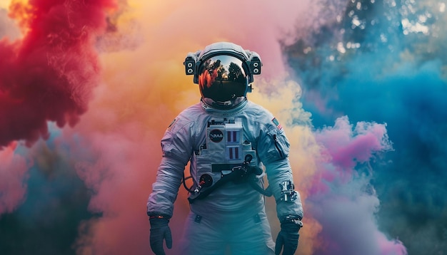 Astronauta con casco espacial en medio de humo de colores