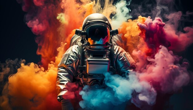 Astronauta con casco espacial en medio de humo de colores