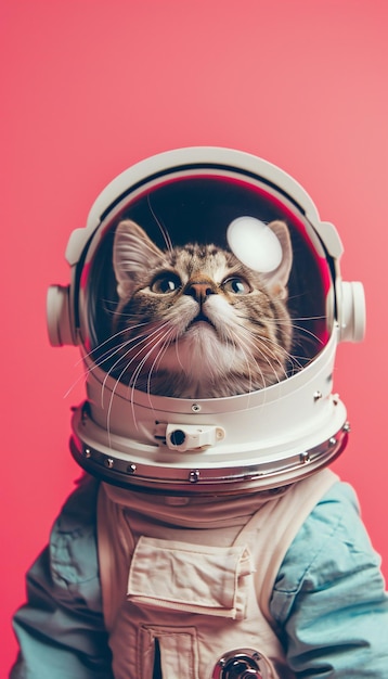 Astronauta con casco de gato con fondo rosado