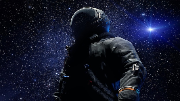 Astronauta en casco de traje espacial es un reflejo de estrellas y galaxias Exploración espacial un astronauta mira hacia el espacio 3d render