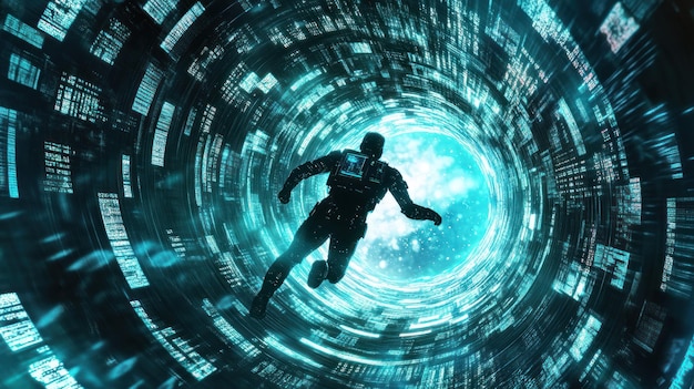 Astronauta cayendo a través de un portal digital