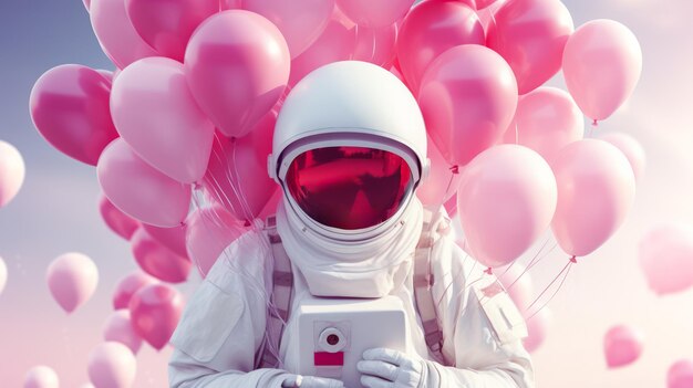 Astronauta cercado por balões em forma de coração em um ambiente rosa surreal conceito de Dia dos Namorados IA generativa