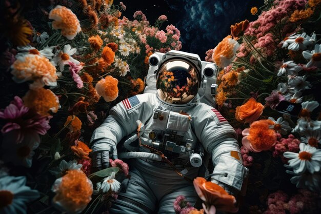 Astronauta cercado por flores exuberantes e vibrantes flutua no espaço