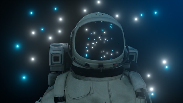 Astronauta cercado por luzes de néon piscando. Conceito de música e boate.