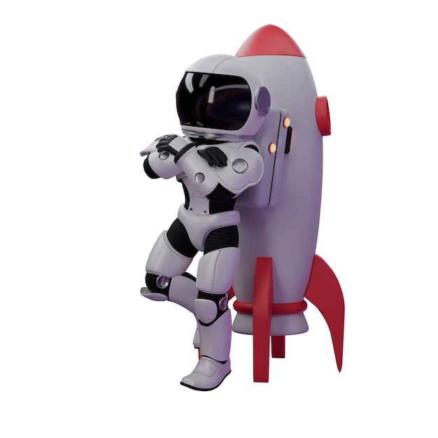 Un astronauta chibi está apoyado en un cohete y sus manos están cruzadas delante de su pecho