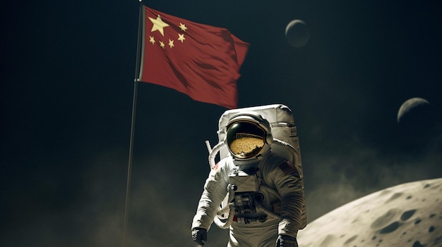 Foto astronauta chino en la luna con bandera