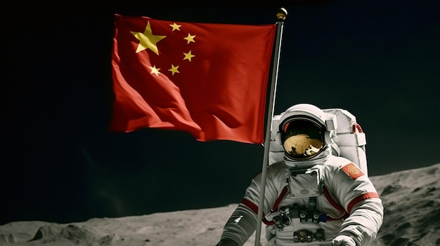 Astronauta chino en la luna con bandera