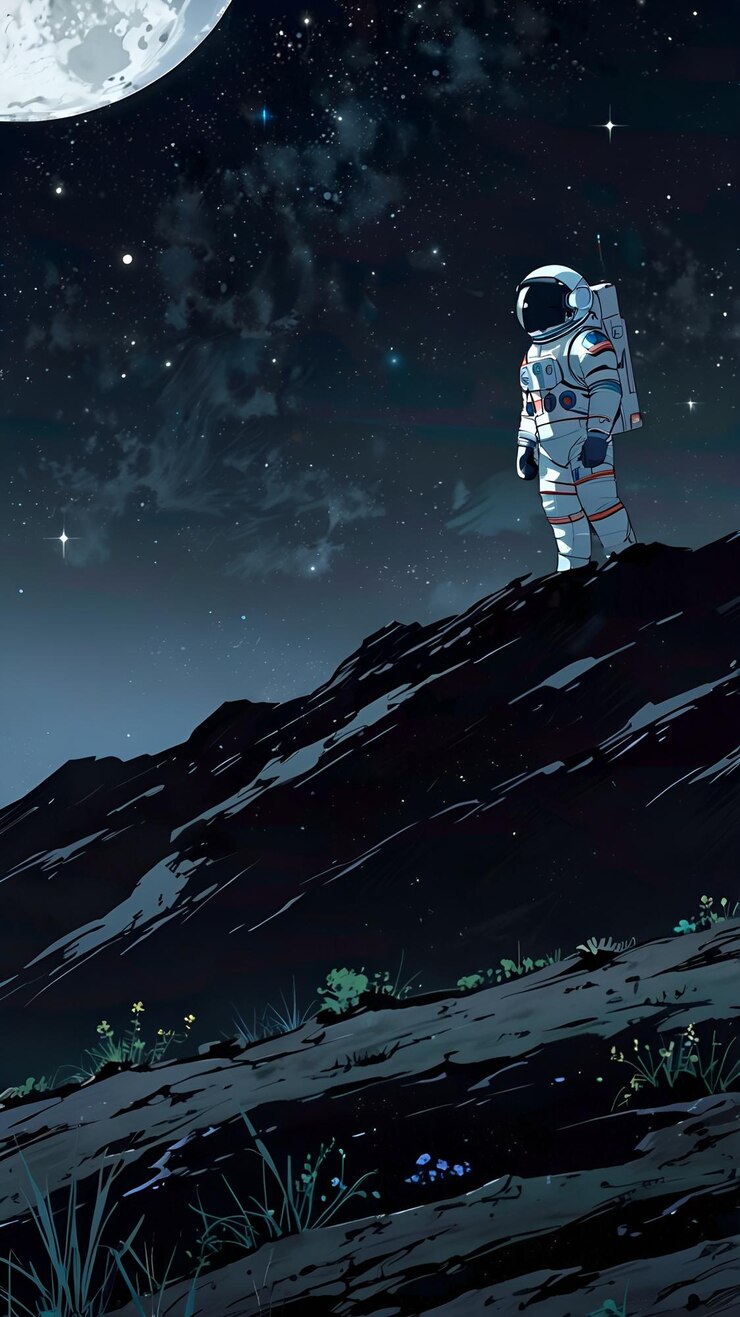 astronauta en la cima de una montaña con estrellas en el fondo
