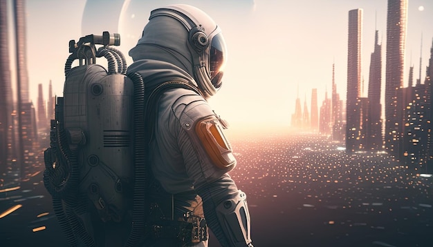 Astronauta ciudades futuristas ilustración de arte digital IA generativa
