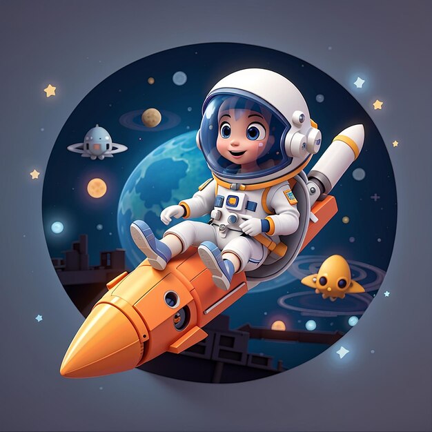 Astronauta cohete alienígena ovni en el espacio dibujos animados icono vectorial ilustración ciencia tecnología aislada