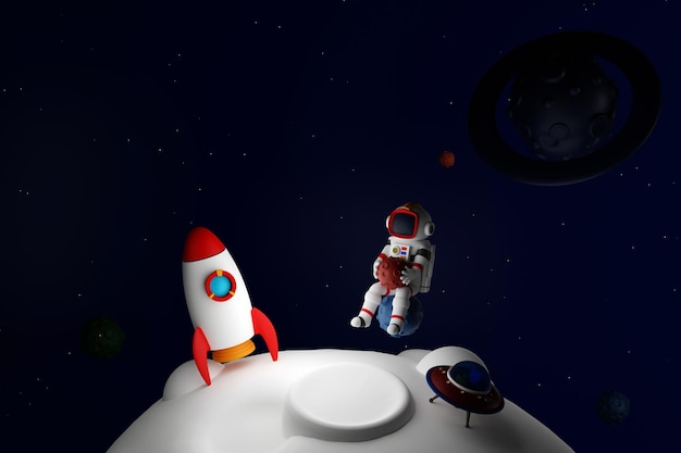 Astronauta con cohete y transbordador flotando en el espacio con luna de asteroides y renderizado 3D OVNI