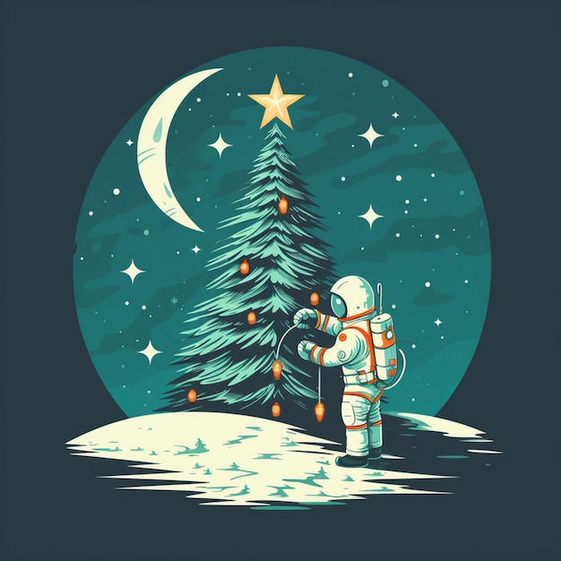 Foto astronauta colocando a árvore de natal