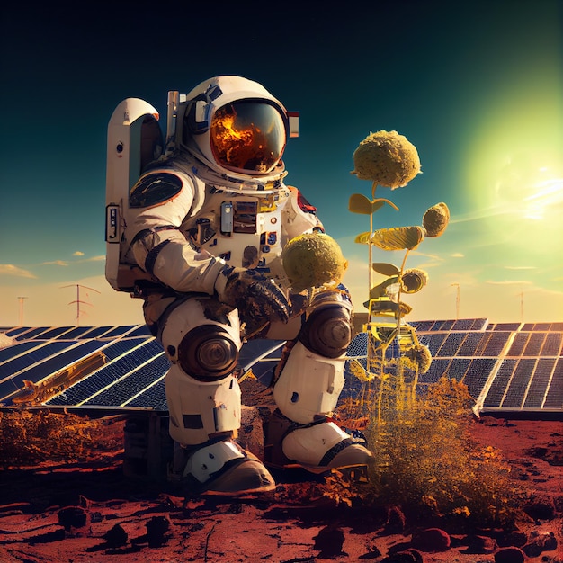 Astronauta en la colonización del planeta Marte con paneles solares Generative Ai