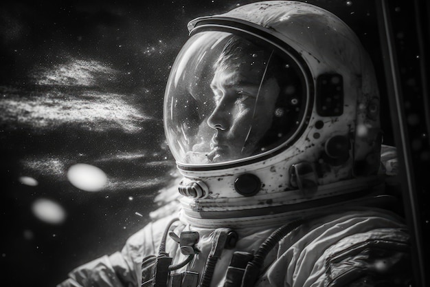 Foto astronauta de color blanco y negro que está en traje espacial hermosa imagen de ilustración ai generativa