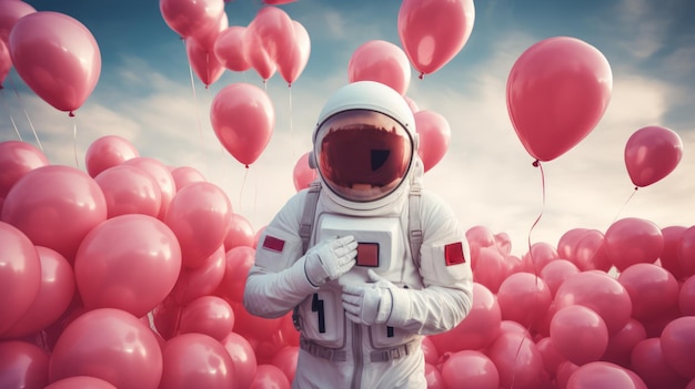 Astronauta com balões cor-de-rosa em um ambiente espacial surreal Celebração do Dia dos Namorados conceito AI gerativa