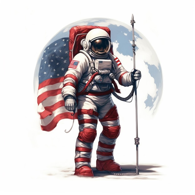 astronauta com bandeira americana e poste de bandeira de pé na frente de um globo generativo ai