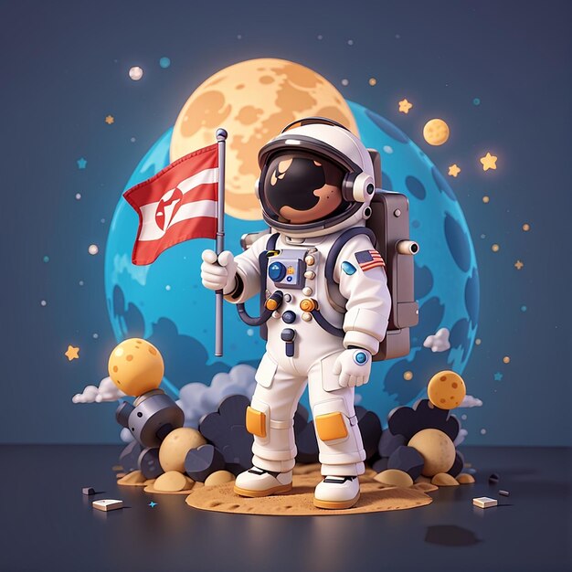 Astronauta com bandeira de foguete Ilustração vetorial de desenho animado