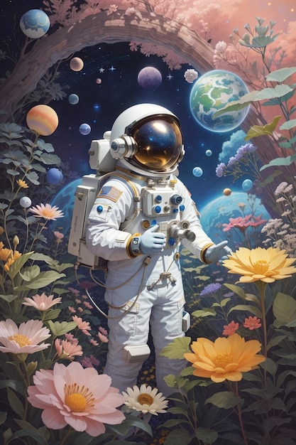 Astronauta com capacete futurista embarca em jornada lunar