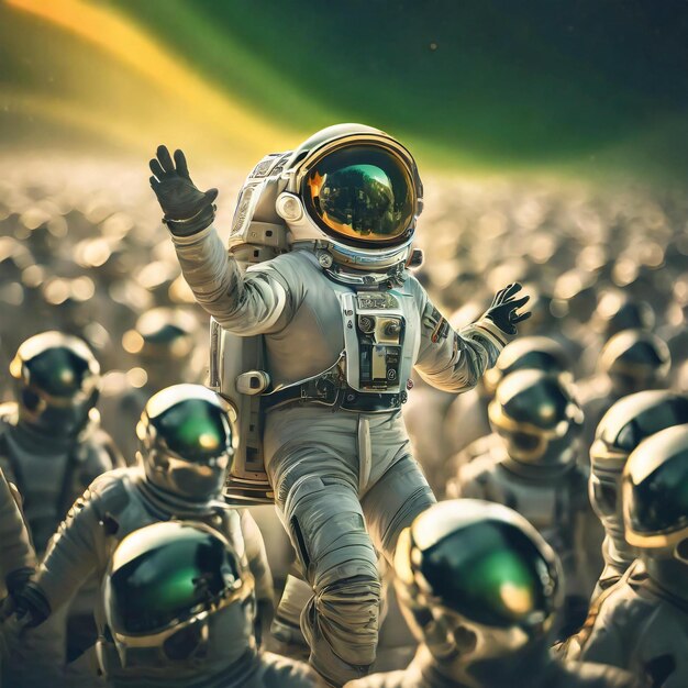 Astronauta com os braços levantados em uma multidão verde escuro e âmbar escuro superfícies altamente polidas gótico