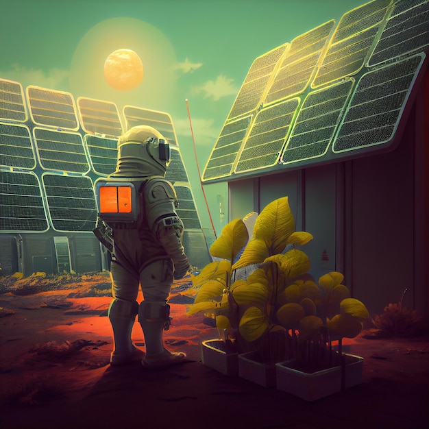 Astronauta com planta na colonização do planeta Marte com painéis solares Generative Ai