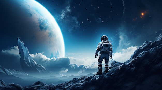 Astronauta en el concepto de ciencia ficción lunar.