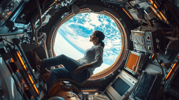 Foto astronauta contemplando la tierra desde la estación espacial