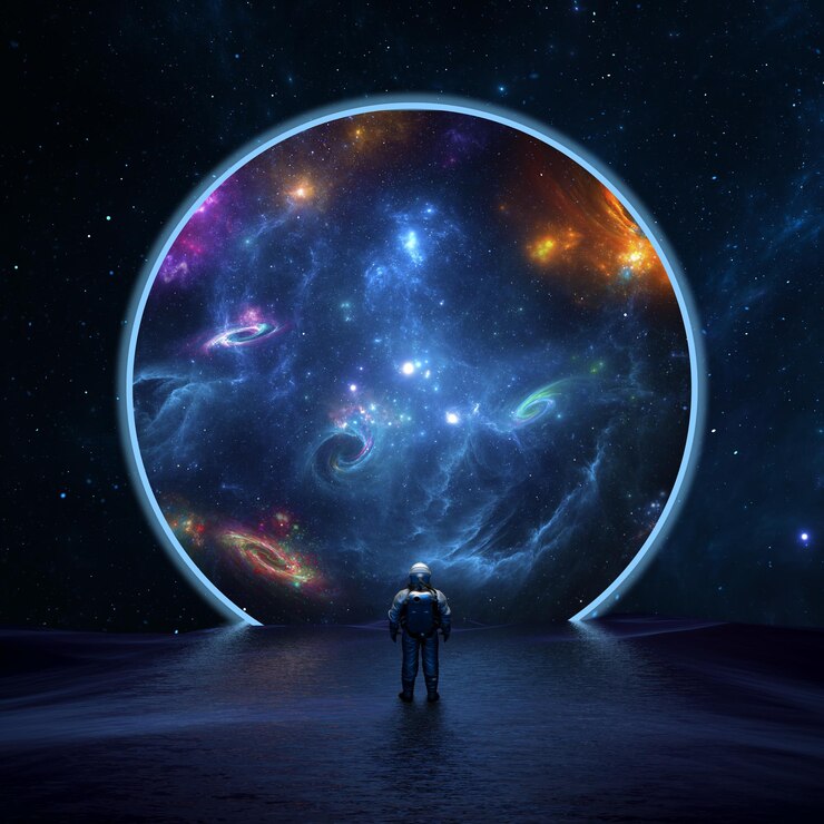 Astronauta cosmonauta descoberta de novos mundos de galáxias, portal de fantasia para o universo distante. Exploração espacial de astronautas, porta de entrada para outro universo. 3d render
