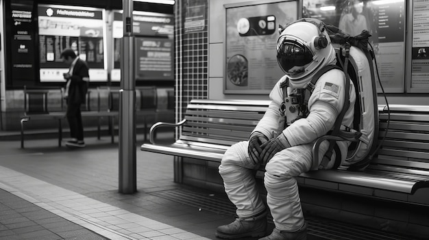 Astronauta cosmonauta sentado no ponto de ônibus Generative AI