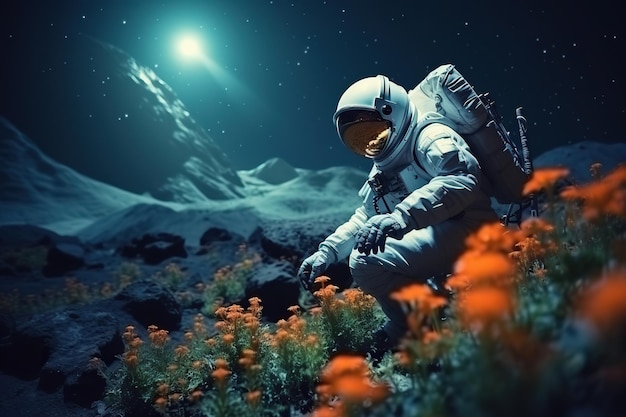 Astronauta cultivando plantas agrícolas y agrícolas en un planeta alienígena