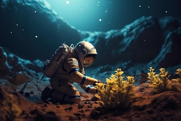 Astronauta cultivando plantas agrícolas y agrícolas en un planeta alienígena