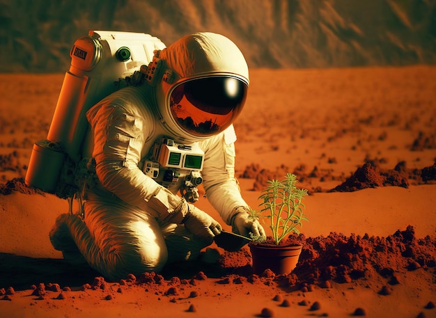 Astronauta cultivando plantas agrícolas e cultivando no planeta alienígena Generative AI