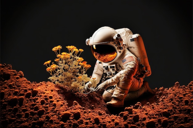 Astronauta cultivando plantas agrícolas e cultivando no planeta alienígena Generative AI