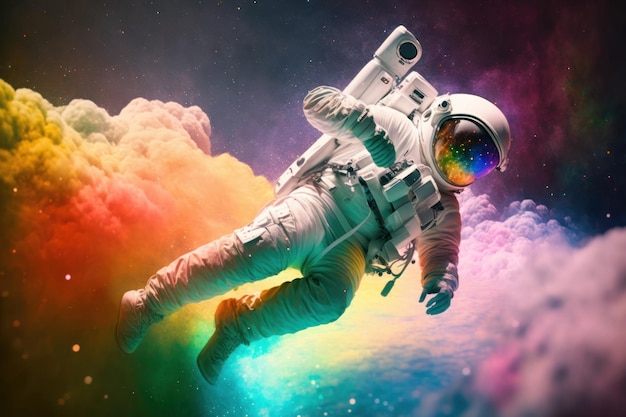 Astronauta de arco-íris colorido que está em traje espacial Bela imagem de ilustração IA generativa