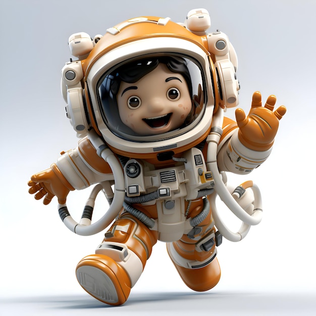 Foto astronauta de desenho animado com mão acenando em fundo branco ilustração 3d