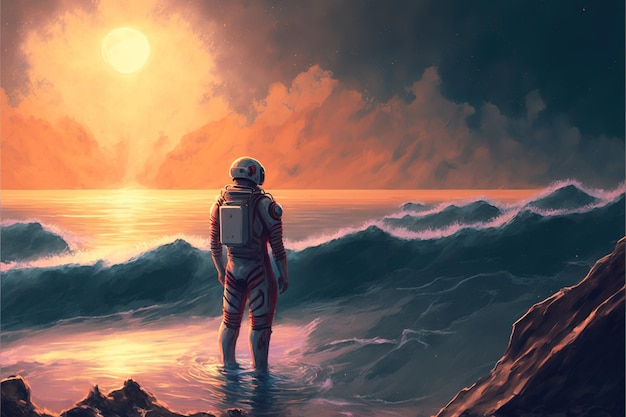 Astronauta de pé no mar estranho e olhando para o planeta no céu ilustração de estilo de arte digital pintando ilustração de fantasia de um astronauta no mar