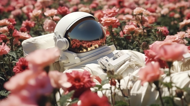 Astronauta deita-se num campo de rosas IA generativa