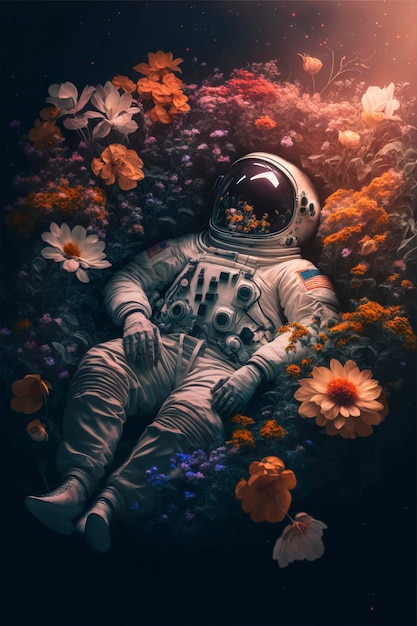 Astronauta deitado em flores