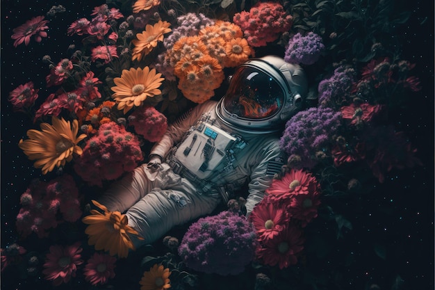 Astronauta deitado no jardim colorido com vista superior